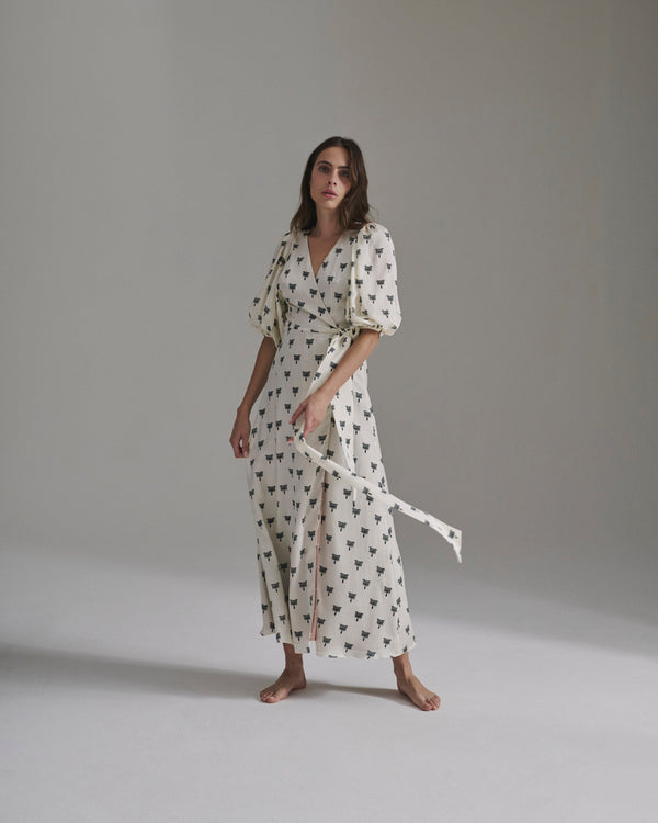 Ermita Martellato Silk Midi Dress / Ivory - Black Polka Palms